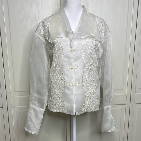 Sully Bonnelly VTG Women’s Lace Embroidered Embellished Sheer Blouse White M-L - Picture 1 of 11